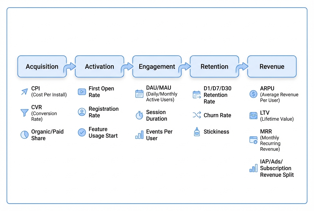 Diagram of the app monetization metrics map across acquisition, activation, engagement, retention, and revenue