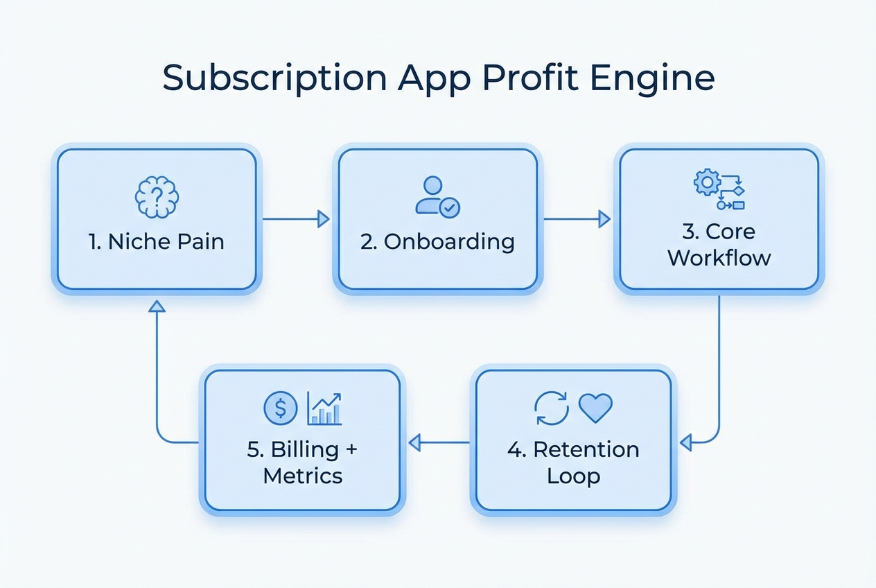 Diagram of a subscription app profit engine loop