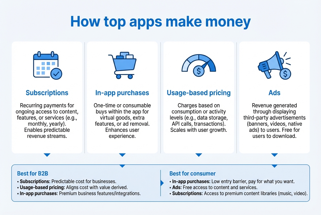Infographic showing four common app monetization models: subscriptions, in-app purchases, usage-based pricing, and ads.