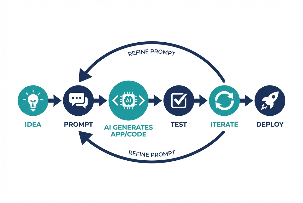 Diagram of a vibe coding workflow from idea to deployment