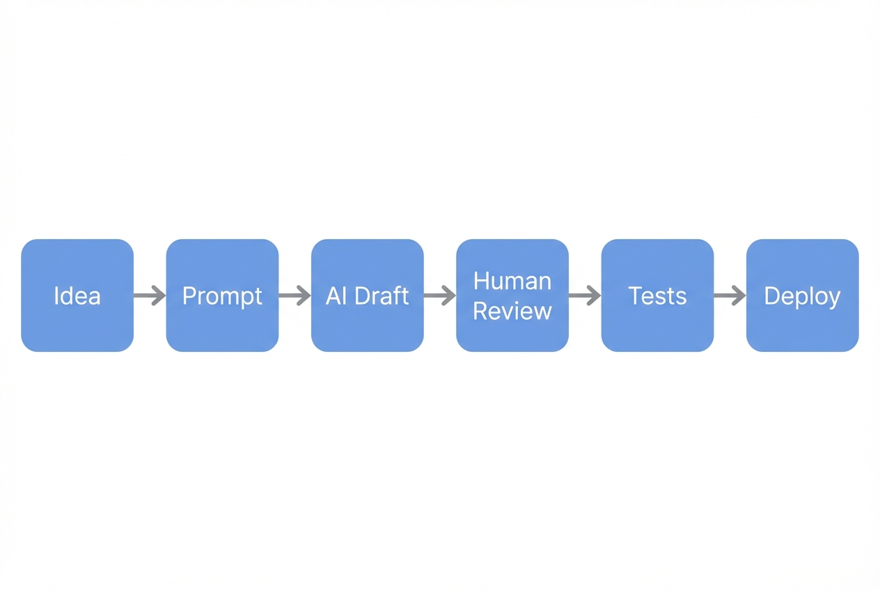 Diagram of a responsible vibe coding workflow from idea to deployment