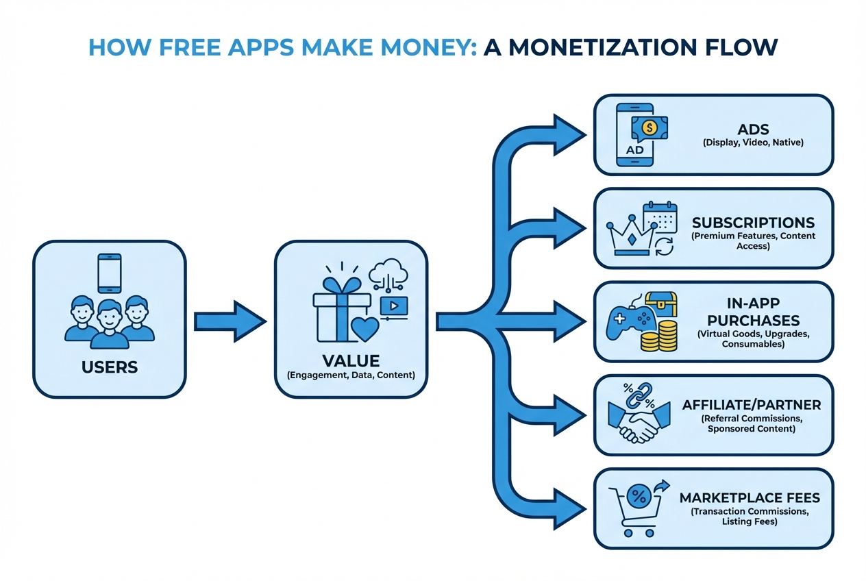 Chart showing the five main ways free apps make money