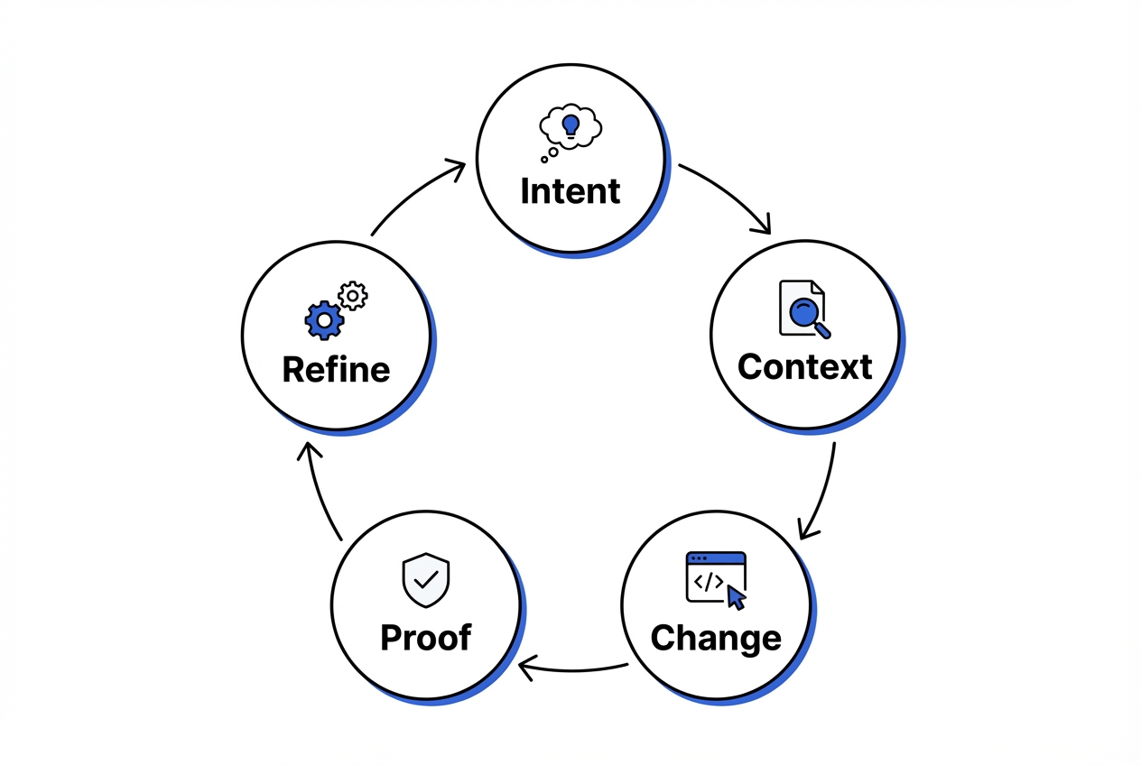Diagram of the 6-step vibe coding loop: Outcome, Constraints, Context, Implement, Proof, Lock it in