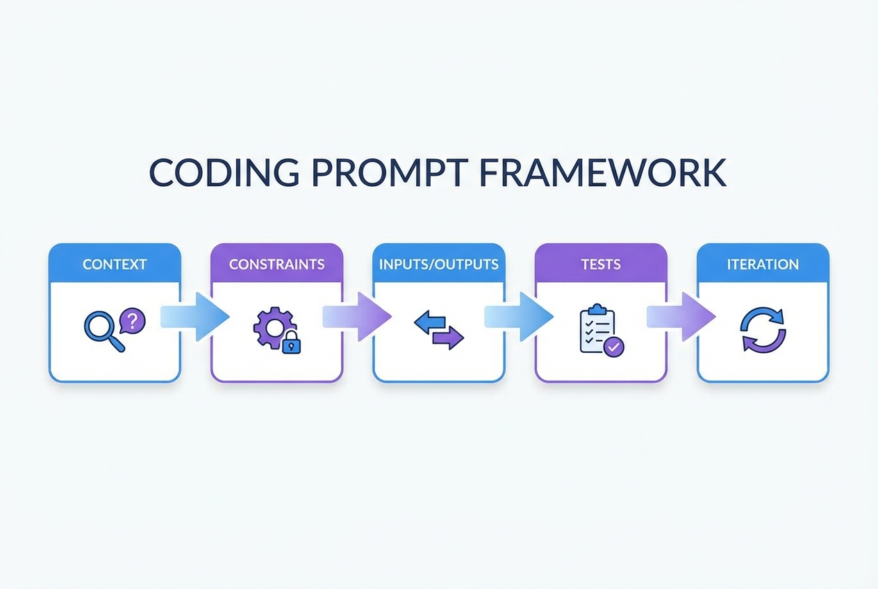 Diagram of a coding prompt framework with five linked steps: Context, Constraints, Inputs/Outputs, Tests, Iteration