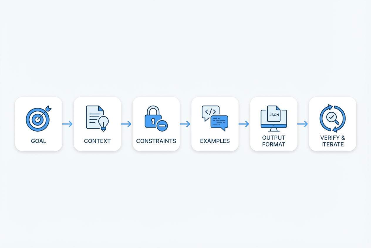 Diagram of the 6-part Cursor prompt framework showing goal, context, constraints, examples, output format, and verification loop