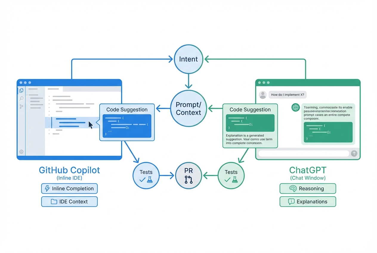 Diagram comparing IDE-native Copilot workflow vs chat-based ChatGPT workflow for coding, with arrows from intent to code to tests to PR
