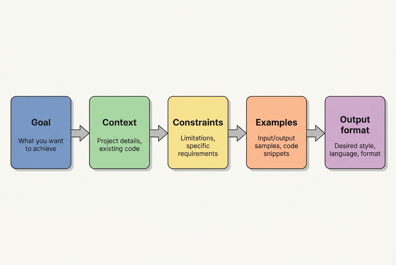 Diagram of an effective GitHub Copilot prompt structure showing Goal, Context, Constraints, Examples, and Output format connected in order