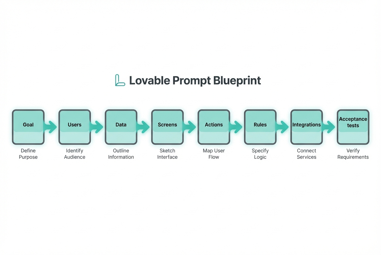 Diagram of the Lovable Prompt Blueprint showing goal, users, data, screens, actions, rules, integrations, and acceptance tests