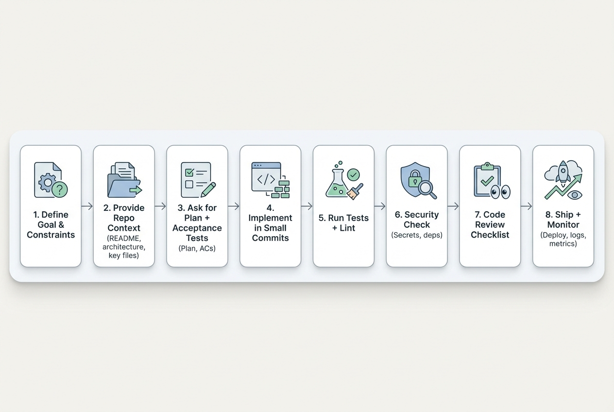 Workflow diagram for Claude-assisted coding best practices from goal definition to shipping and monitoring