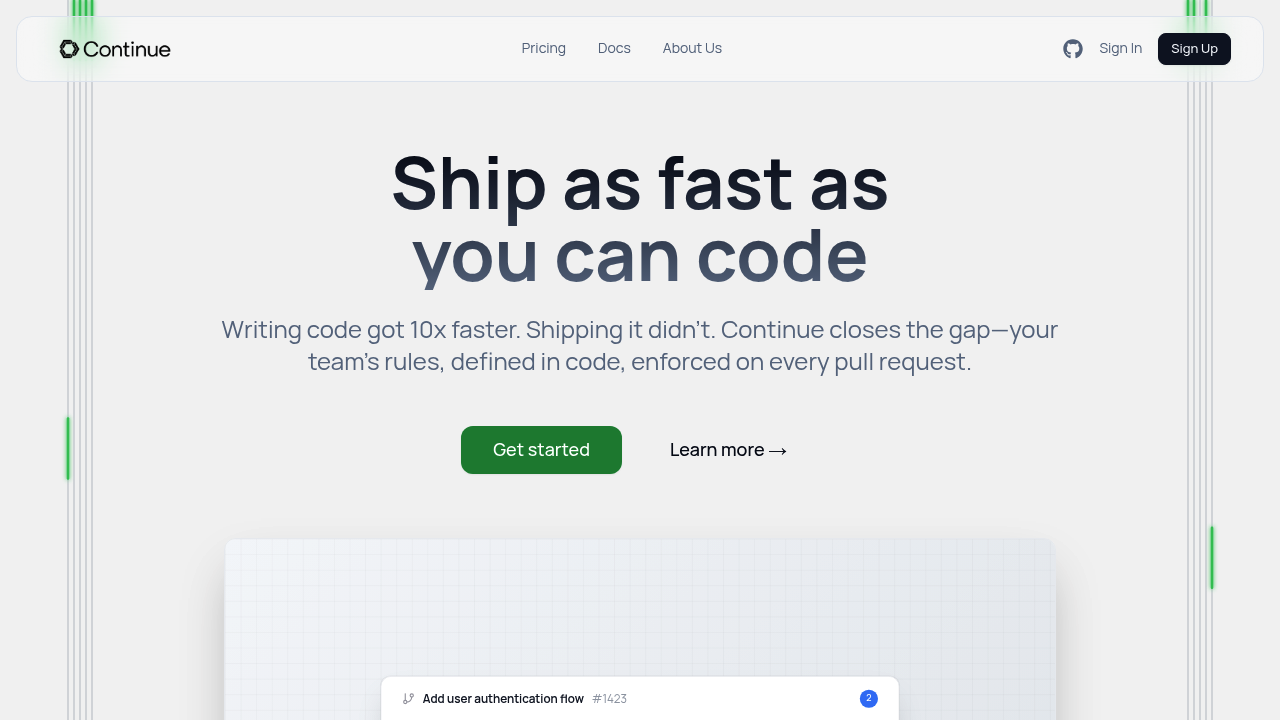 Continue website showing continuous AI for code review and enforcement