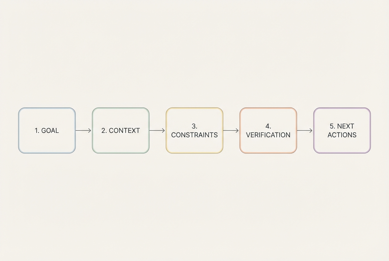 Diagram showing a five-part prompt recipe: Goal, Context, Constraints, Verification, Next actions