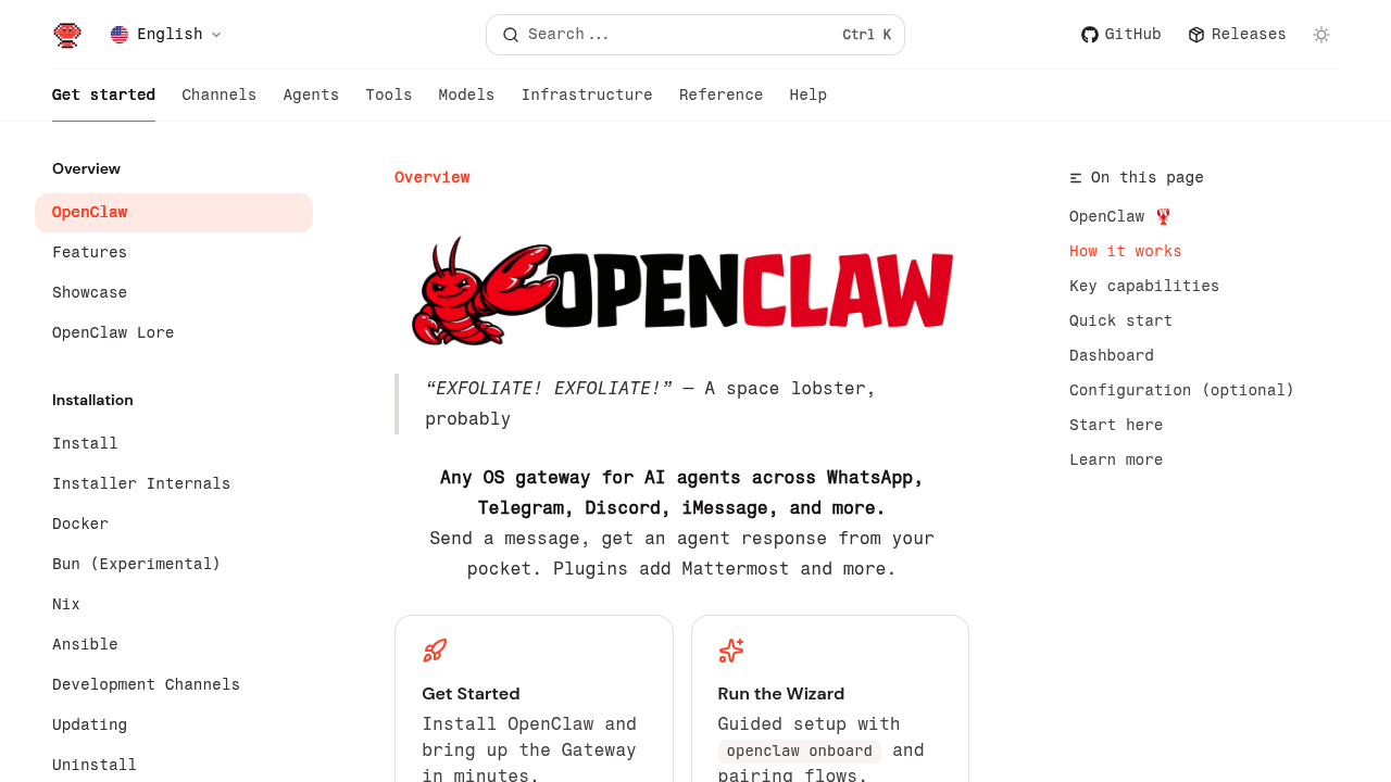 Screenshot of the OpenClaw documentation homepage showing quick start installation steps