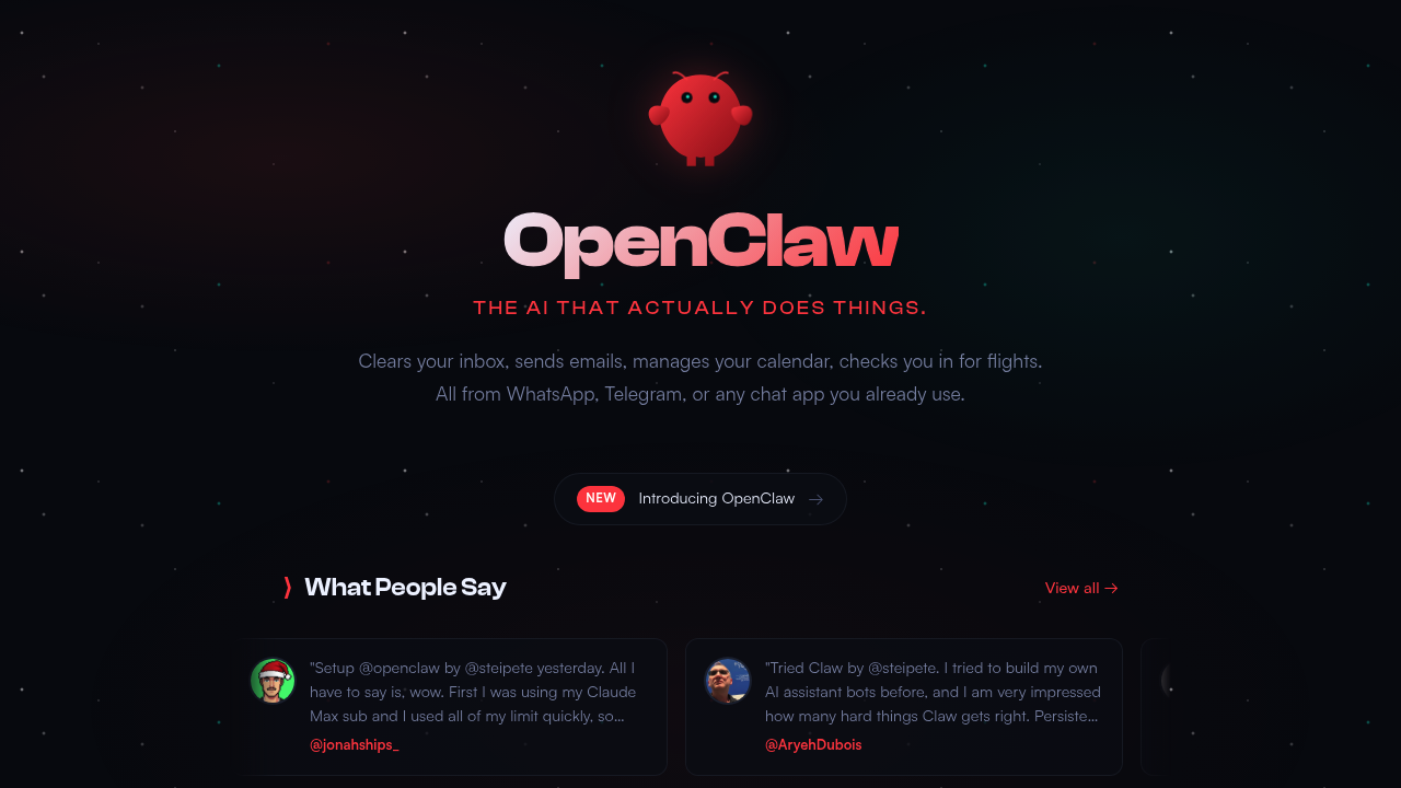 Screenshot of the OpenClaw website homepage as a reference point for getting started