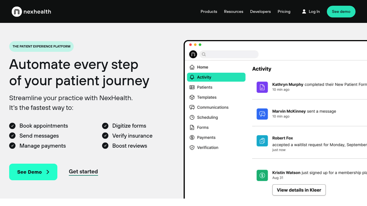 Screenshot of NexHealth homepage