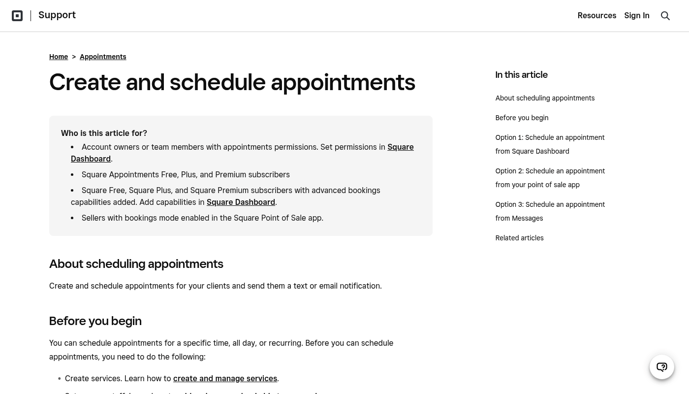 Screenshot of Square Appointments website