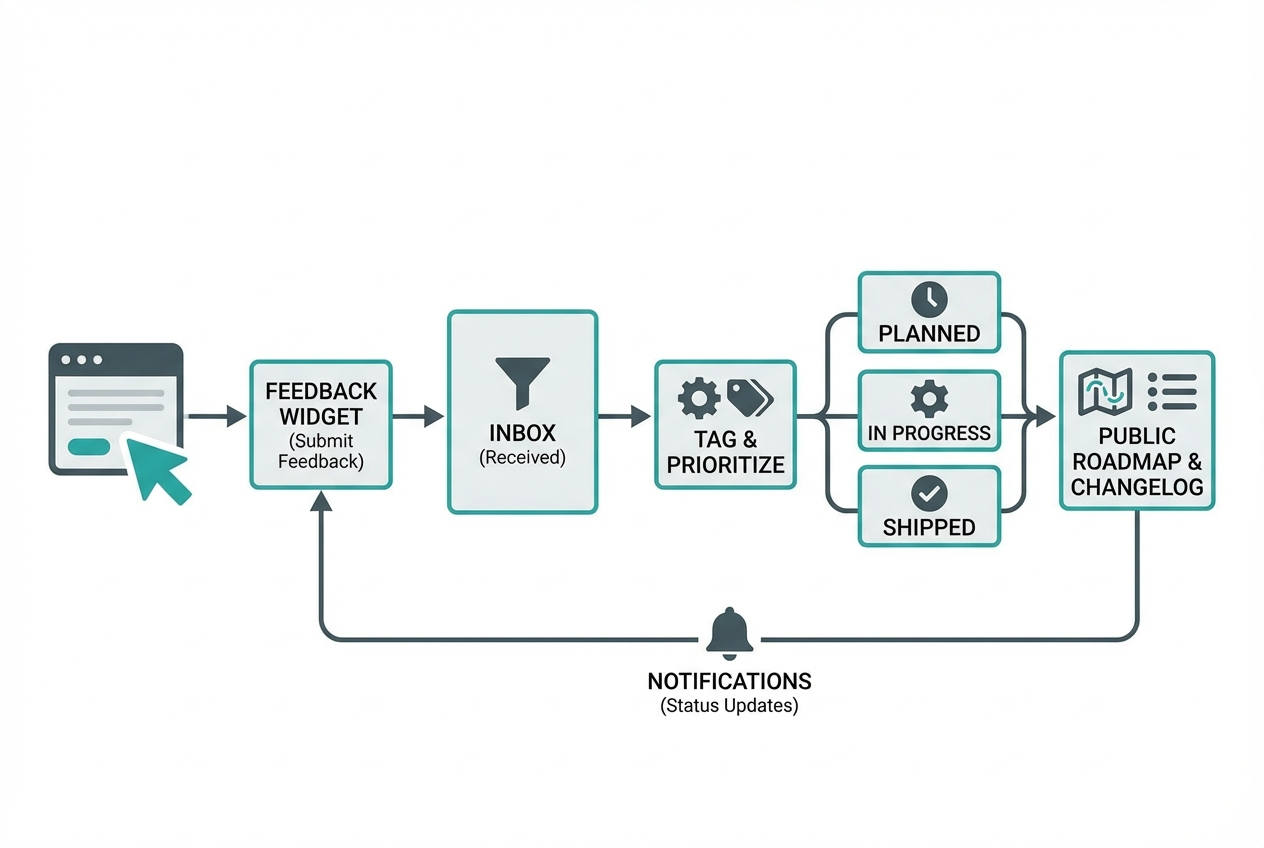 Illustration for how a showing feedback app works end to end in Best Customer Feedback and Roadmap Software 2026