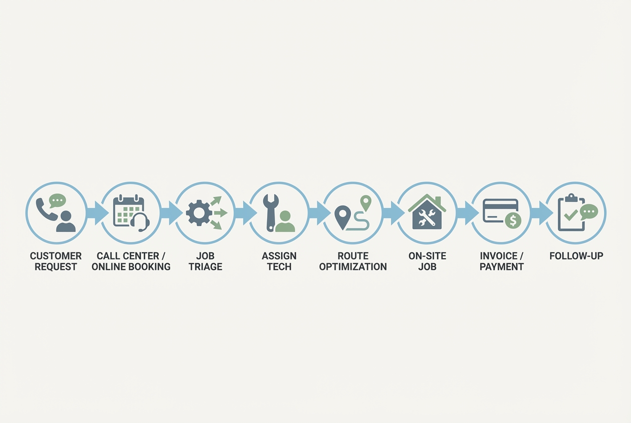 Diagram of a plumbing scheduling workflow from customer request to dispatch, routing, on-site work, invoicing, and follow-up