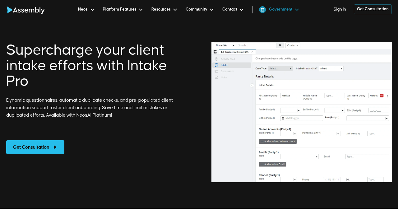 Screenshot of Neos Intake Pro website