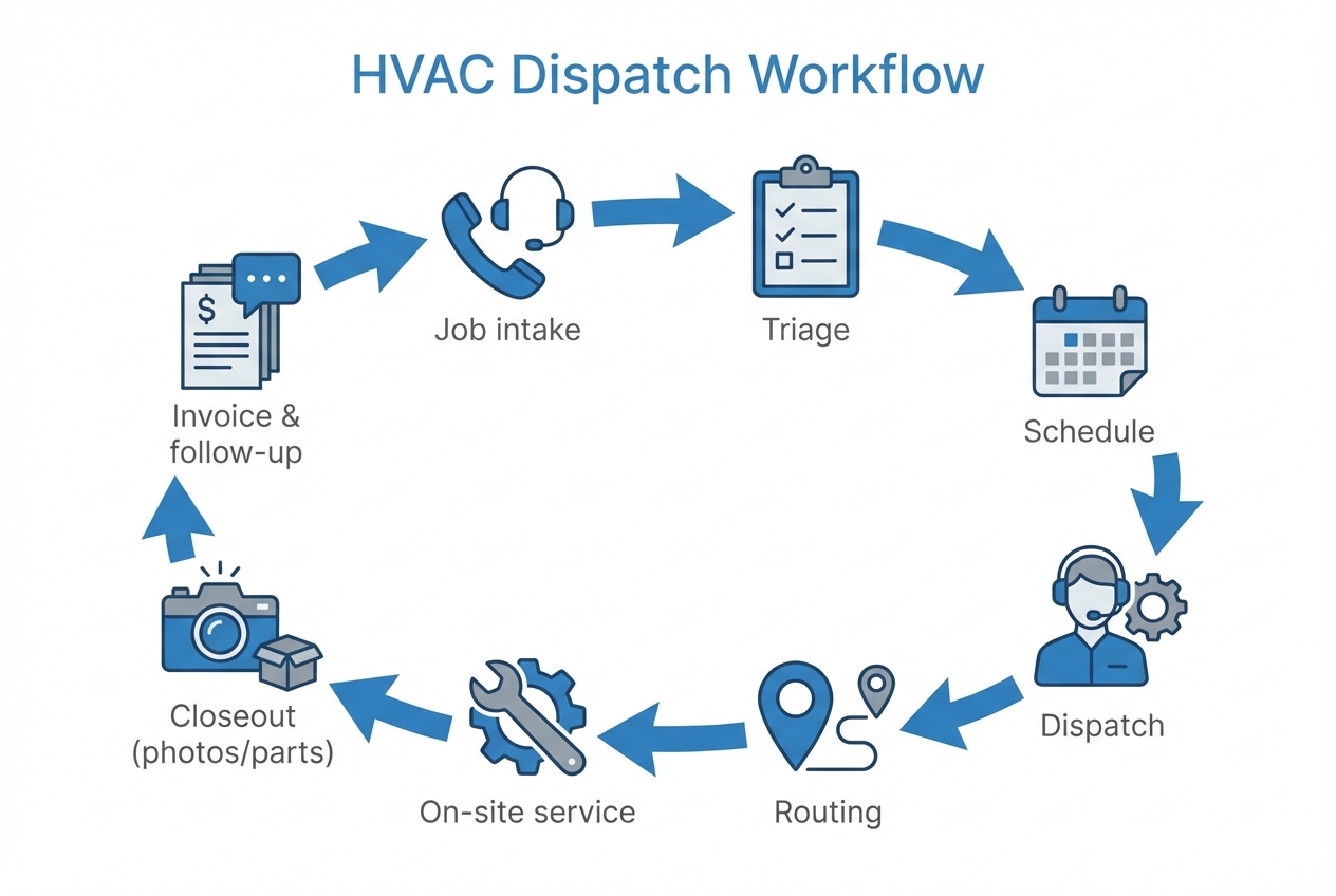 Illustration for how hvac dispatch software works in practice in HVAC Dispatch Software: How to Choose, Implement, and Scale Dispatch Without Chaos