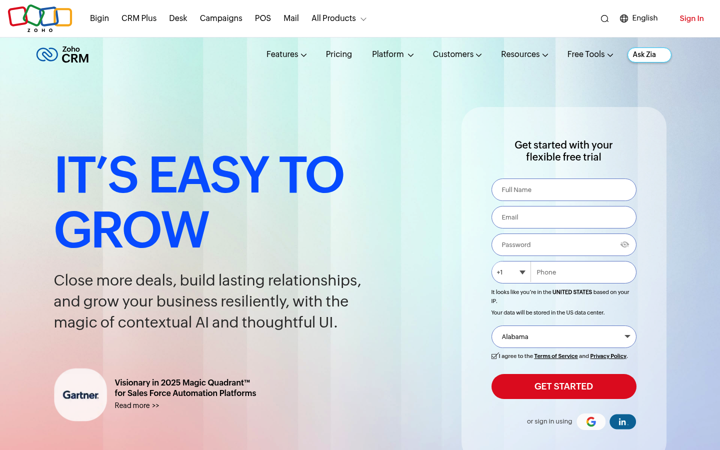 Screenshot of Zoho CRM website