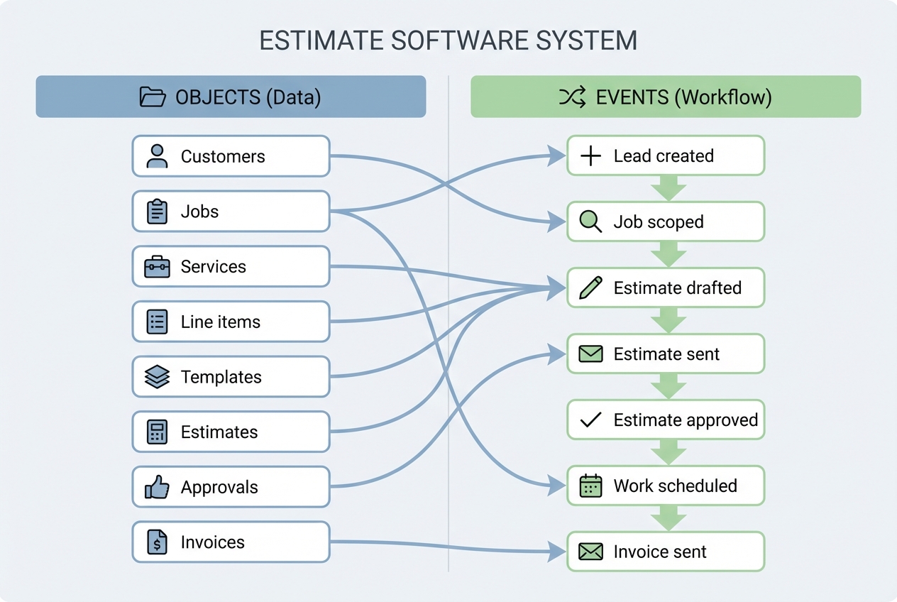 A diagram showing how estimate software connects customers, jobs, and estimates with workflow events from lead creation to invoice sending