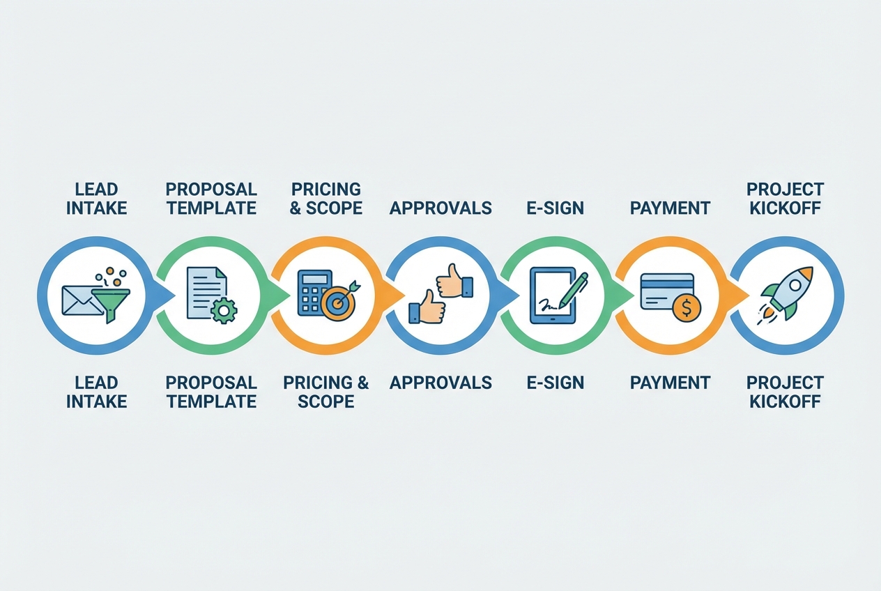 Diagram of a proposal software workflow from lead intake through templates, approvals, e-signature, payment, and project kickoff