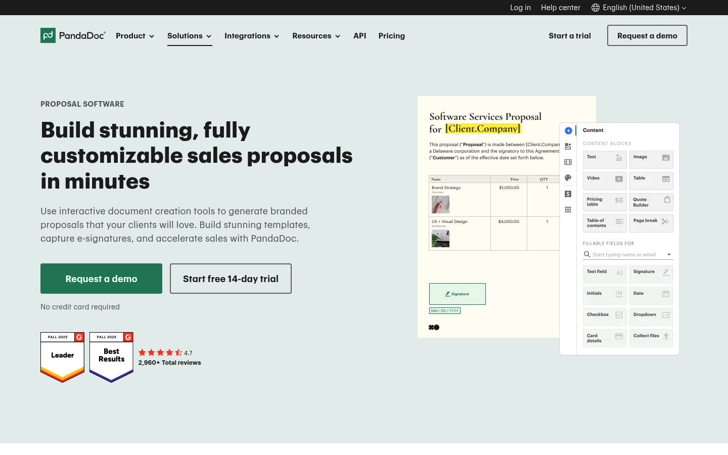 Screenshot of the PandaDoc proposal software page highlighting proposal creation features