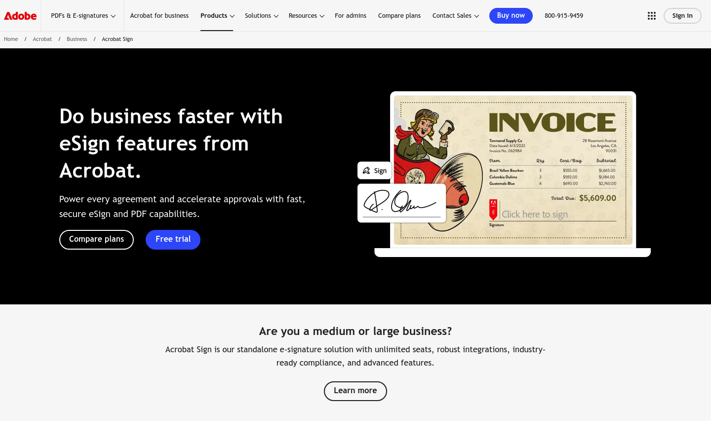 Screenshot of the Adobe Acrobat Sign page focused on requesting and tracking eSignatures