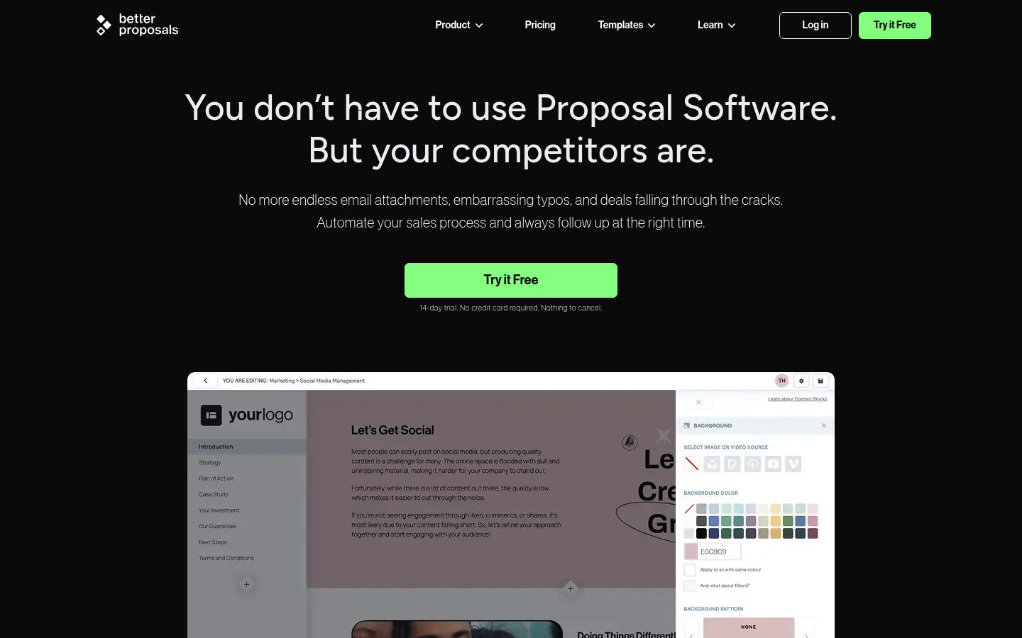 Screenshot of the Better Proposals site highlighting templates and built-in signatures