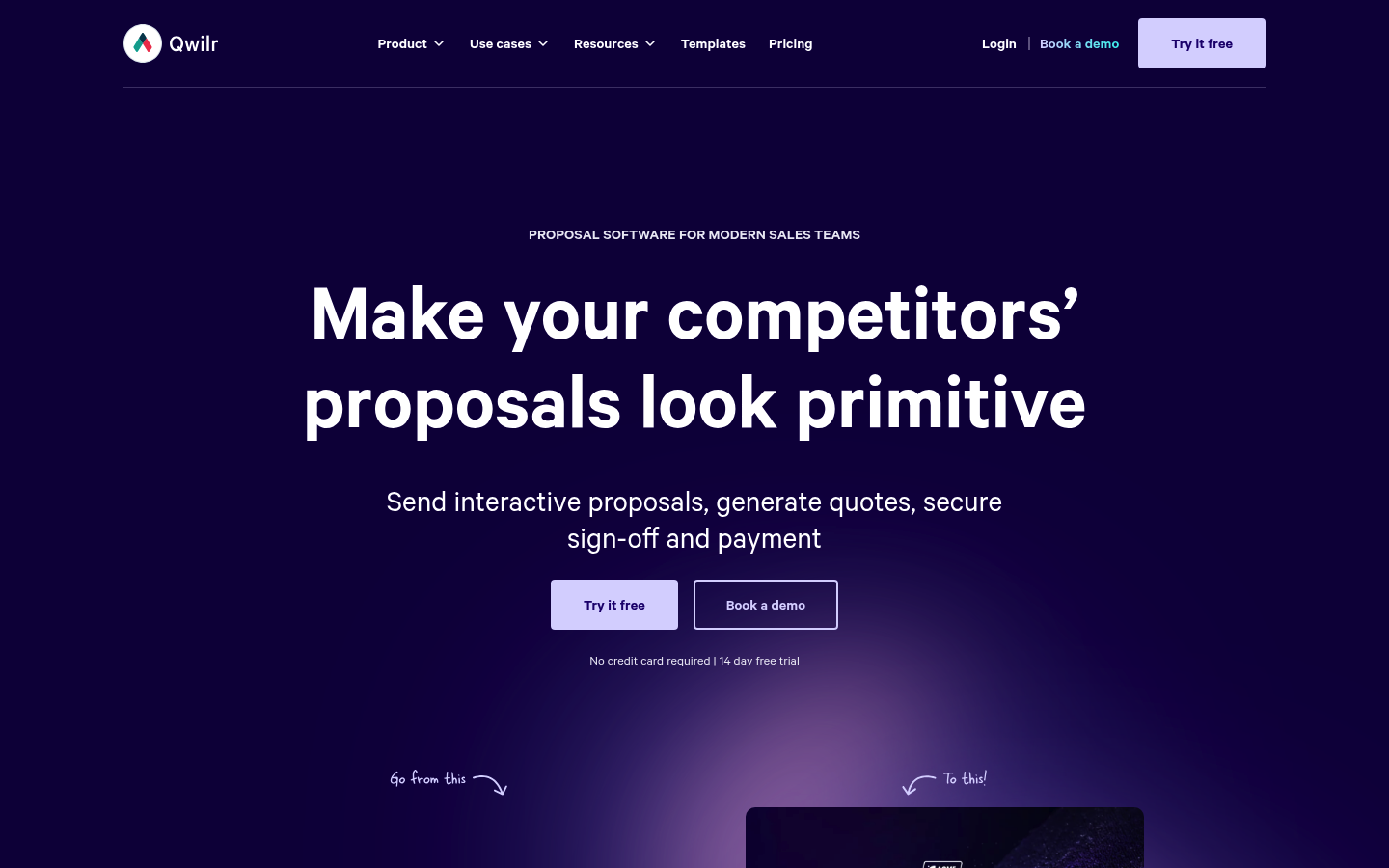 Screenshot of the Qwilr homepage emphasizing interactive proposals and buyer engagement