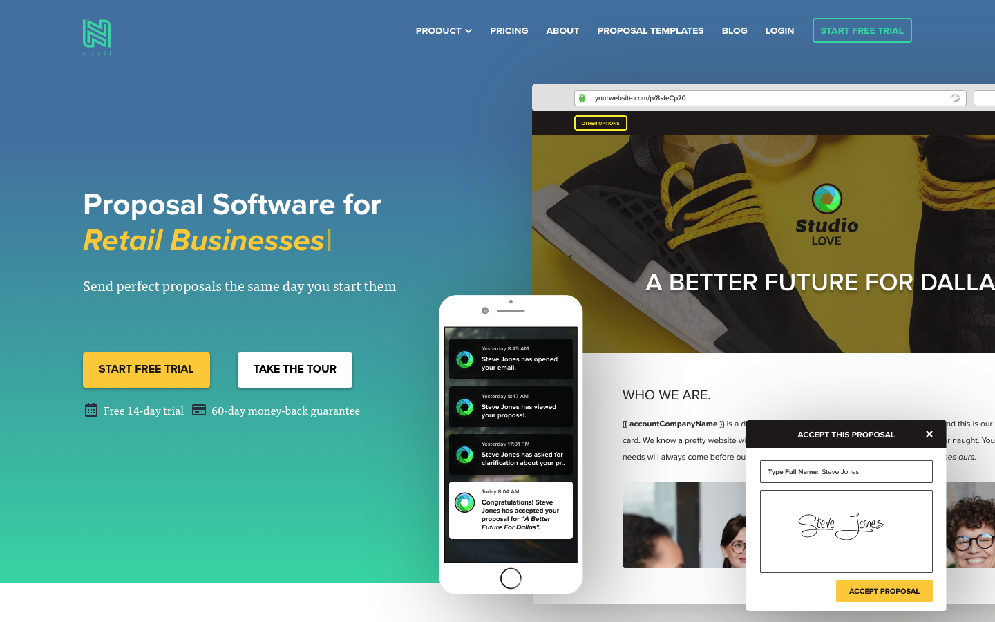 Screenshot of the Nusii homepage showing proposal templates and branding features