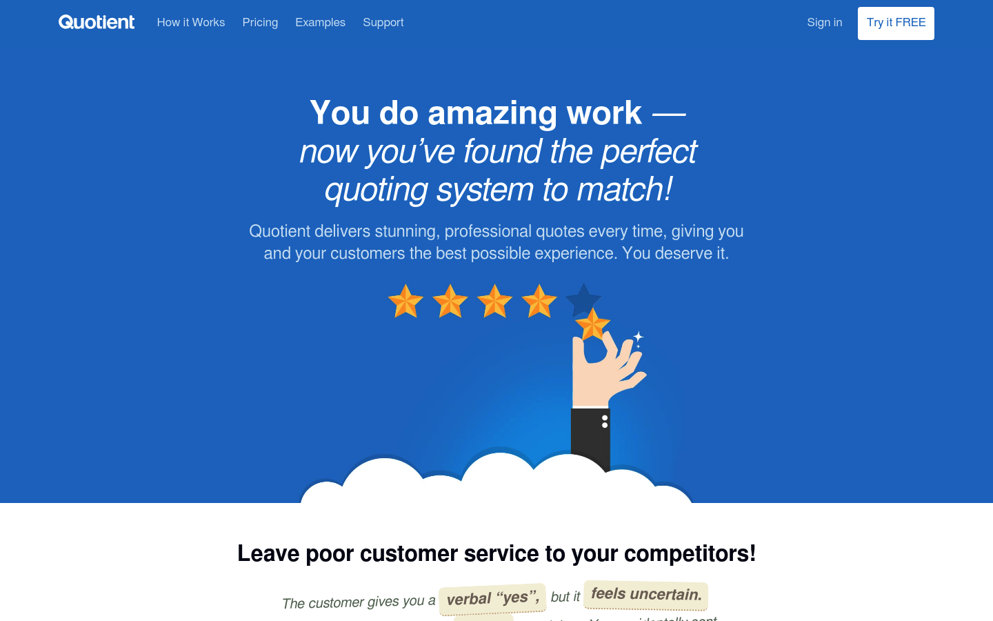 Screenshot of the Quotient website homepage focused on professional quotes