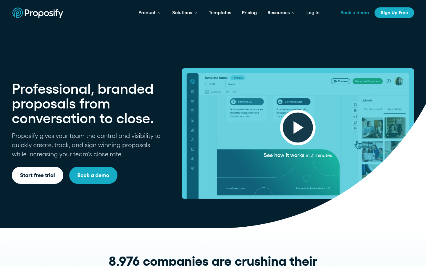 Screenshot of the Proposify website showing proposal management messaging and navigation