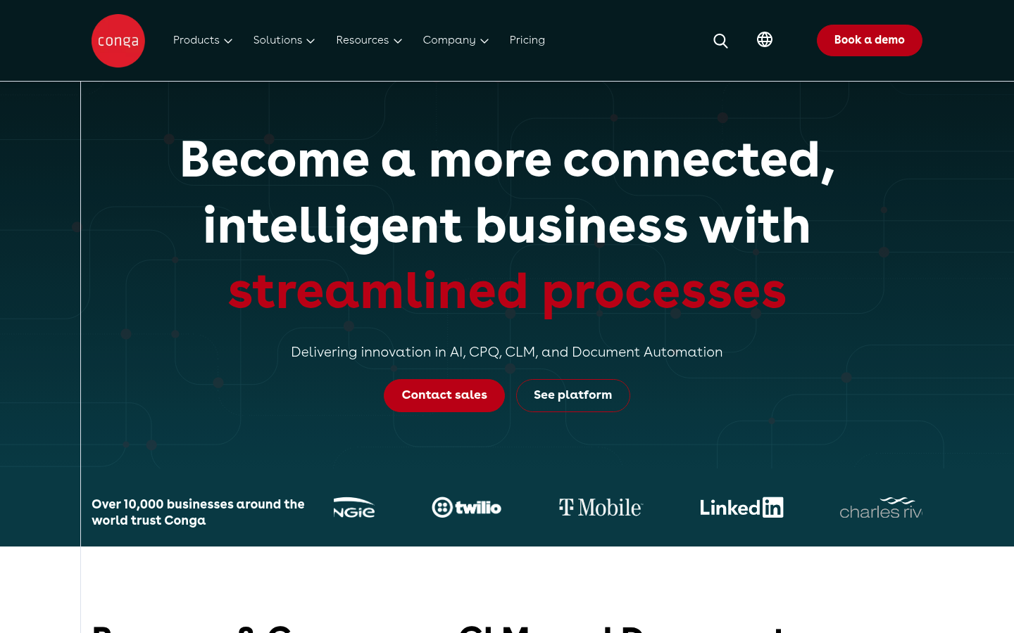 Screenshot of the Conga website homepage showing document automation positioning