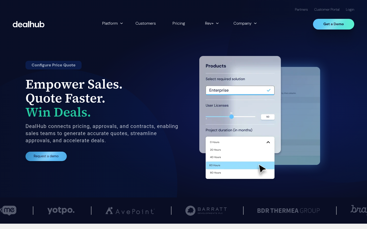 Screenshot of the DealHub CPQ platform page showing pricing and sales flow messaging