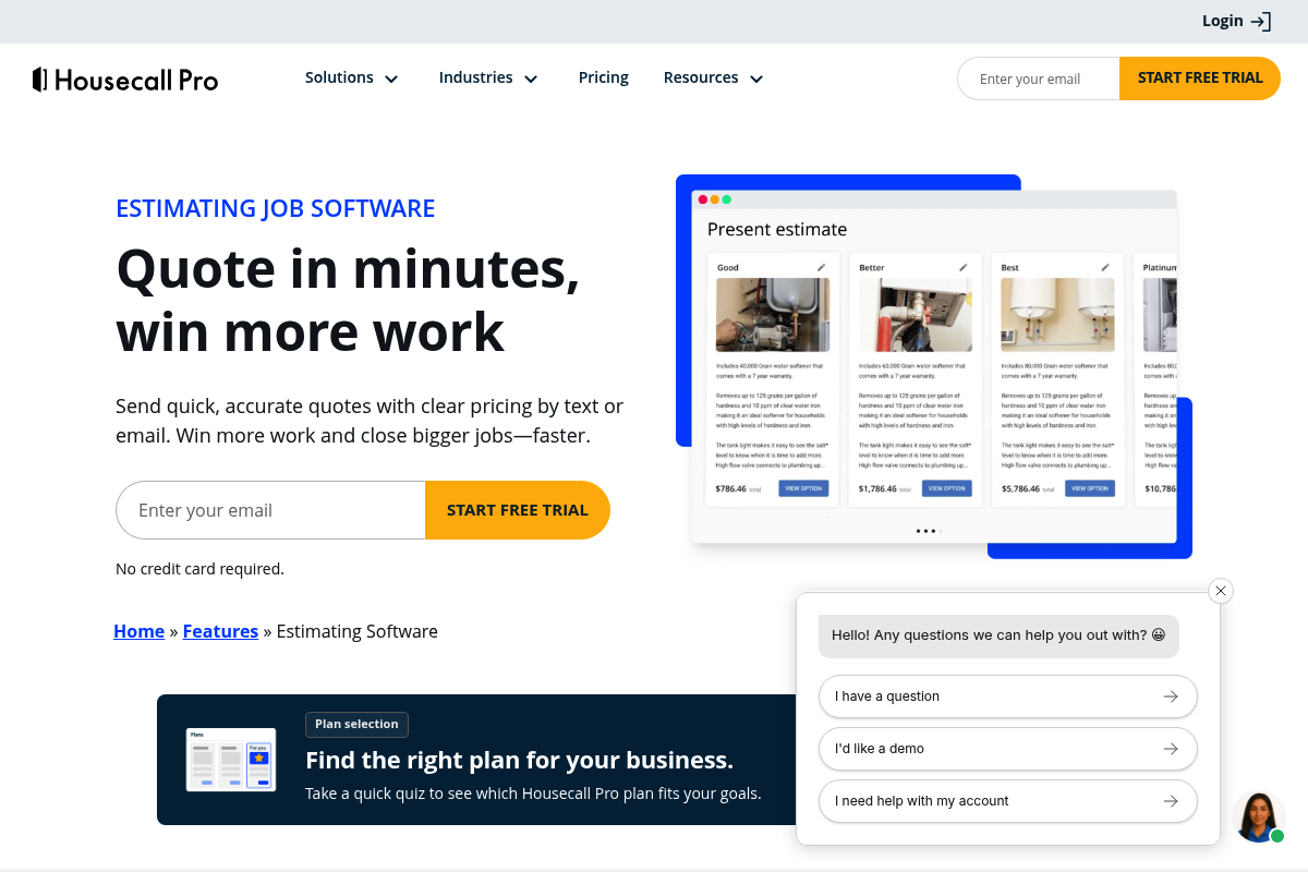 Screenshot of Housecall Pro estimating software page