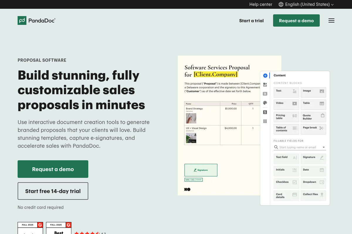 Screenshot of PandaDoc proposal software page