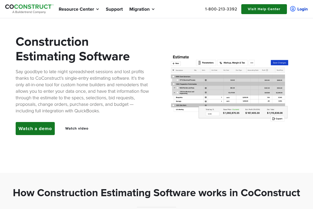 Screenshot of CoConstruct construction estimating software page