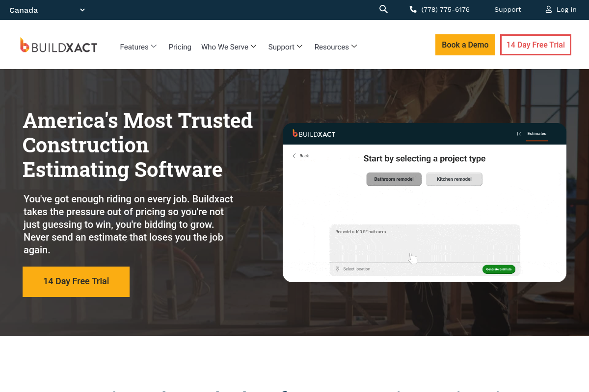 Screenshot of Buildxact construction estimating software page