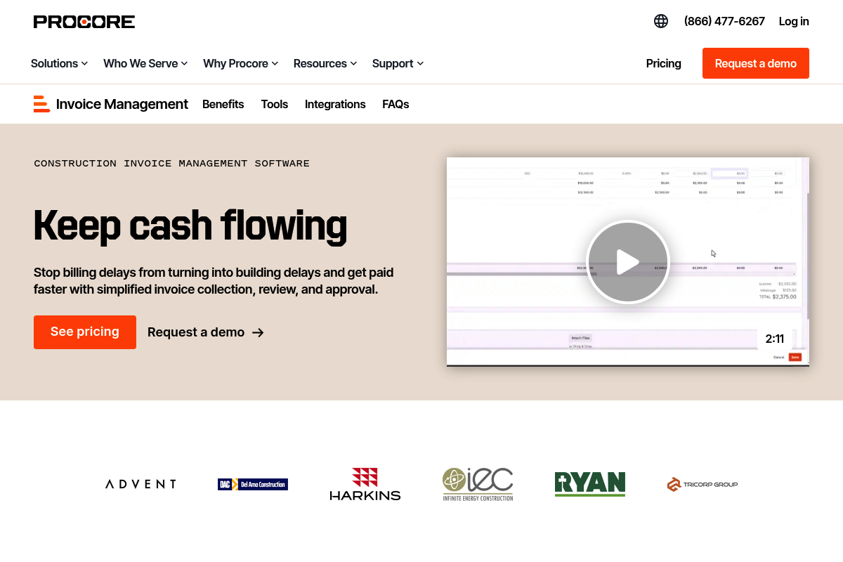 Screenshot of Procore invoice management page