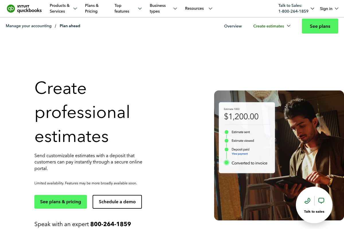 Screenshot of QuickBooks estimates and proposals page