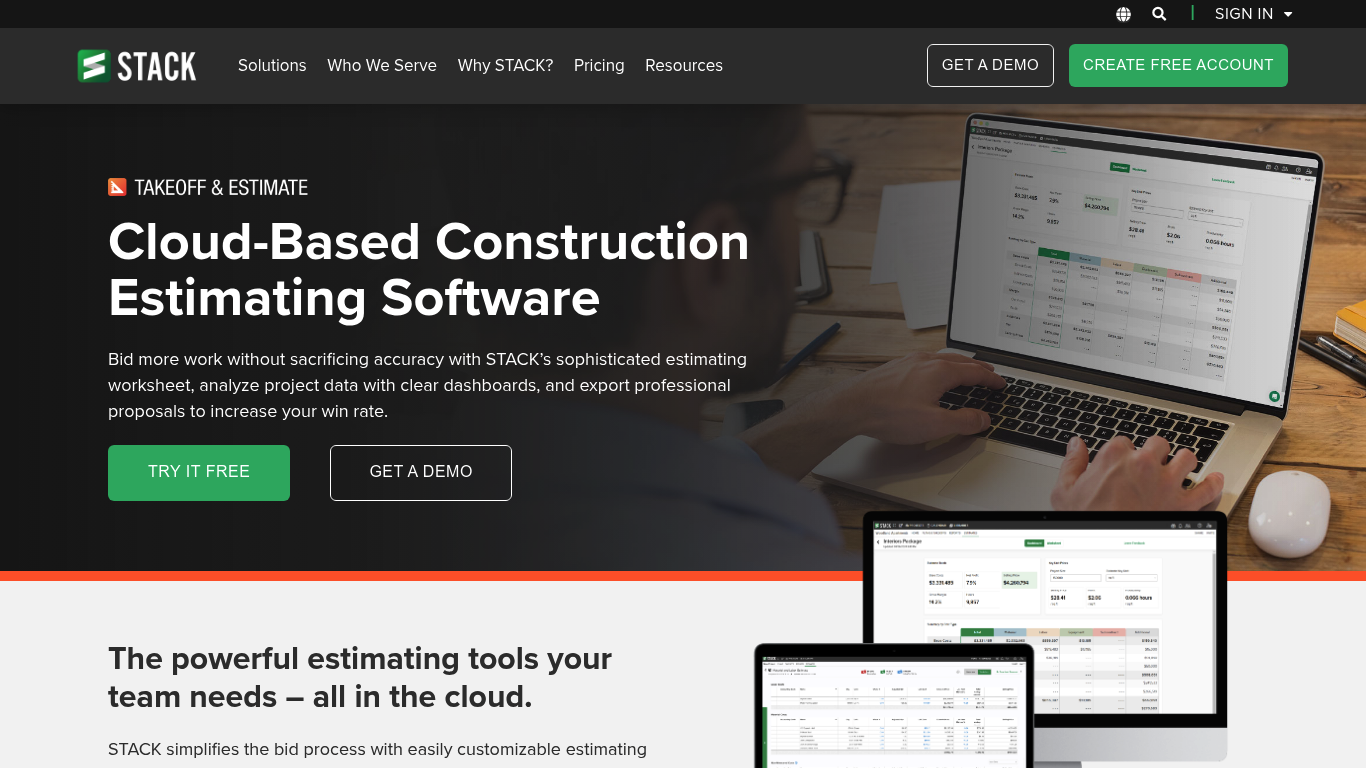 Screenshot of STACK estimating page