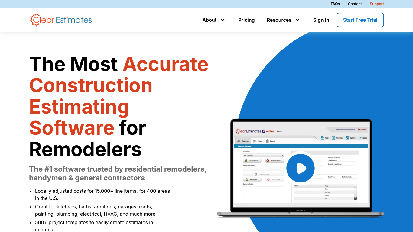Screenshot of Clear Estimates homepage