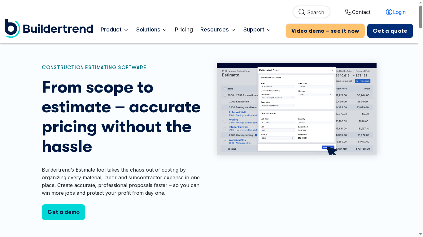 Screenshot of Buildertrend construction estimating page