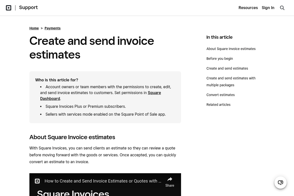 Screenshot of Square help article about creating an estimate online