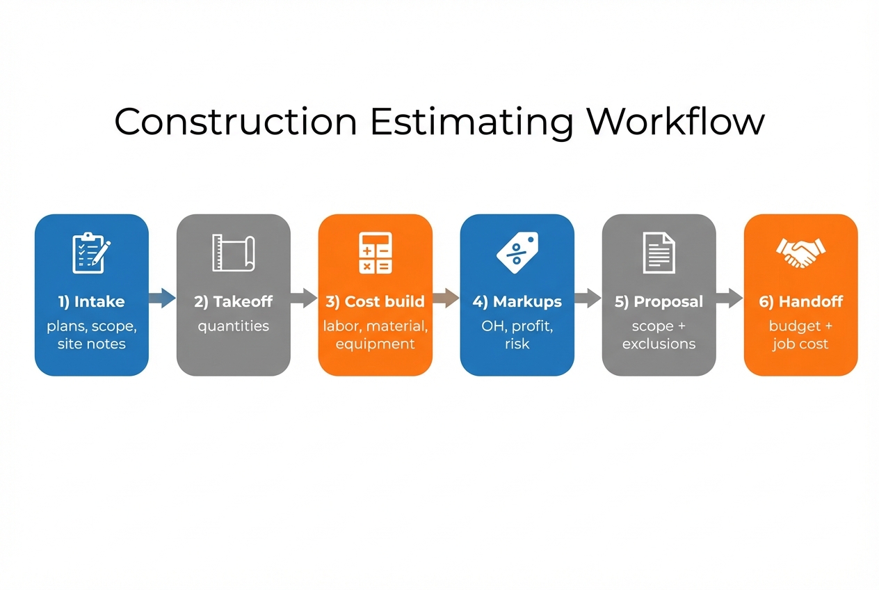 Construction estimating workflow infographic showing intake, takeoff, cost build, markups, proposal, and handoff steps