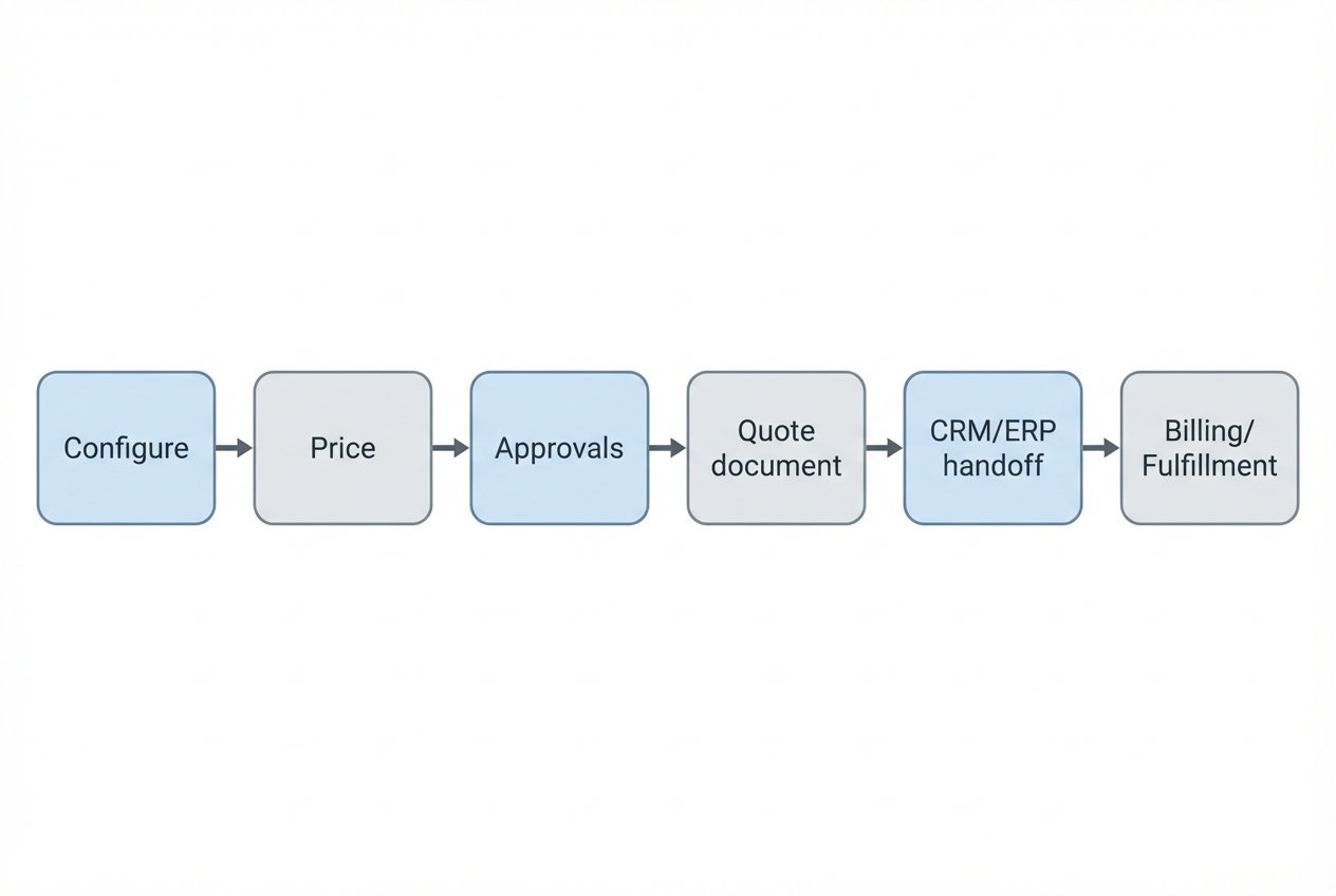 Diagram of an end-to-end CPQ workflow from configuration and pricing to approvals, quote generation, and downstream handoff to billing and fulfillment systems