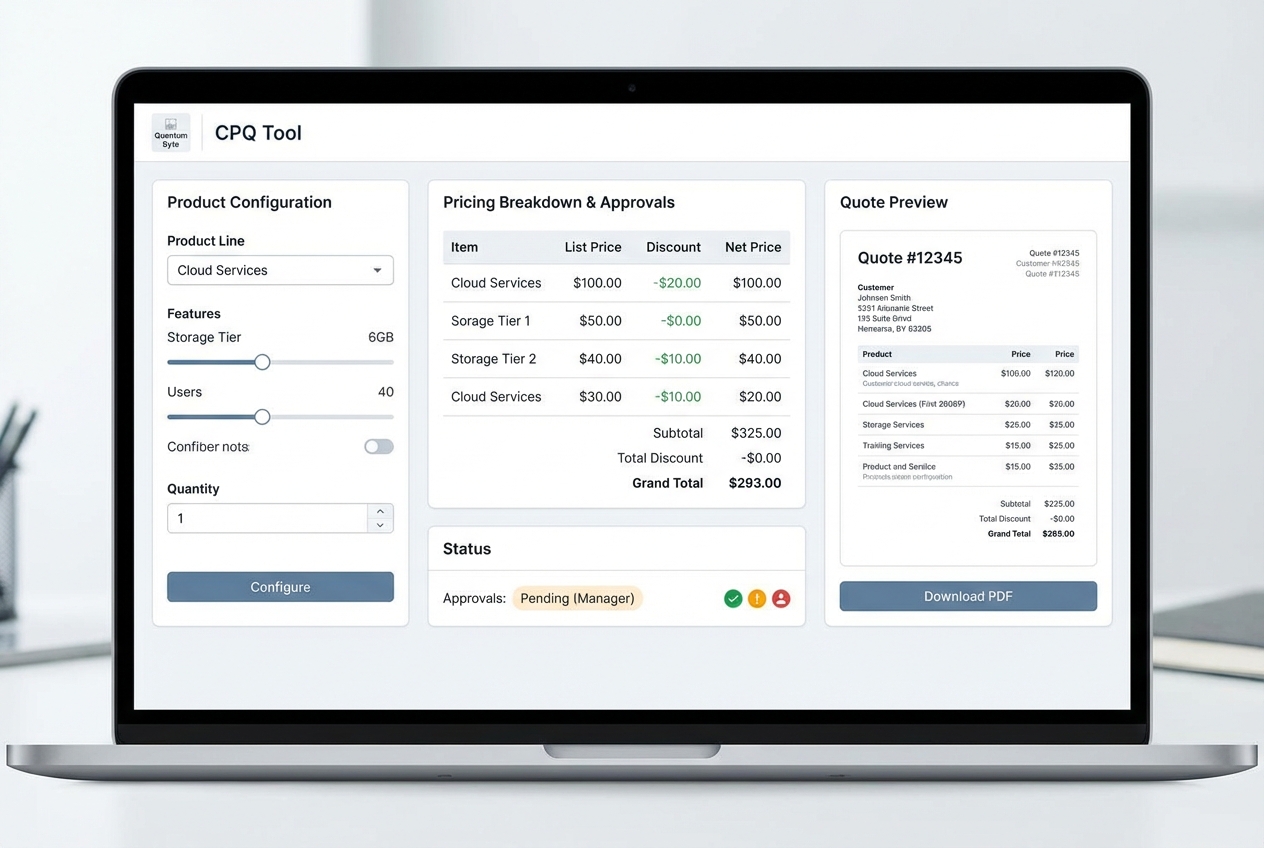Mockup of a lightweight CPQ internal tool interface showing product configuration options, pricing breakdown with discount approvals, and a quote preview panel