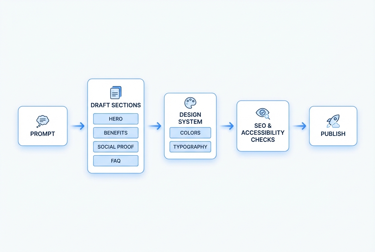 Diagram of an AI landing page generator workflow from prompt to draft sections, design system, SEO and accessibility checks, and publishing