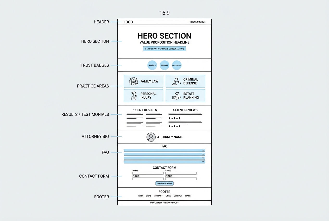 Wireframe diagram of a law firm landing page showing labeled sections: hero, trust badges, practice areas, testimonials, attorney bio, FAQ, contact form, and footer disclaimer